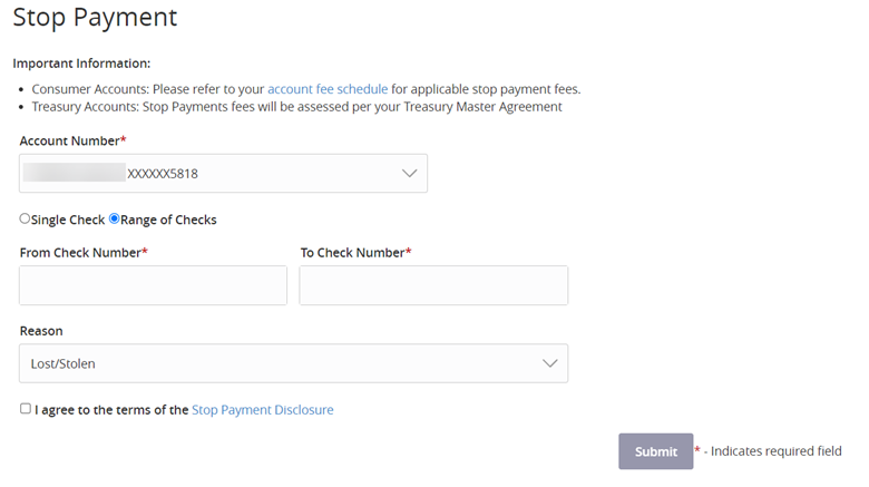 place a stop payment bank of america